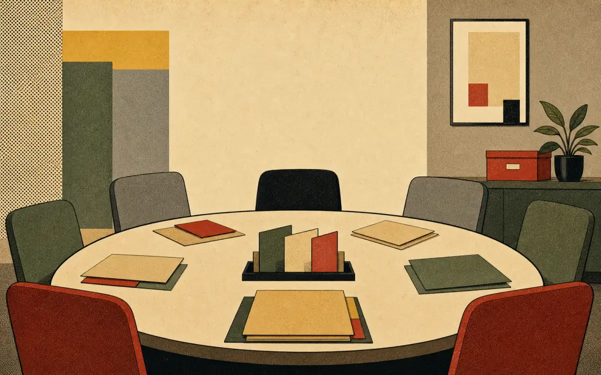 Illustration of a fictional committee room with an empty meeting table, folders, and mid-century office textures.